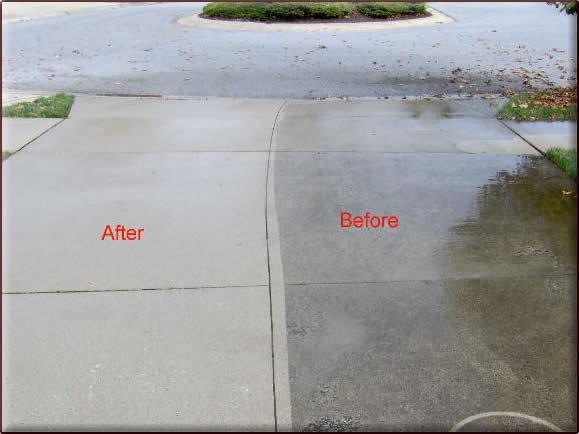 Concrete driveway before and after pressure washing.